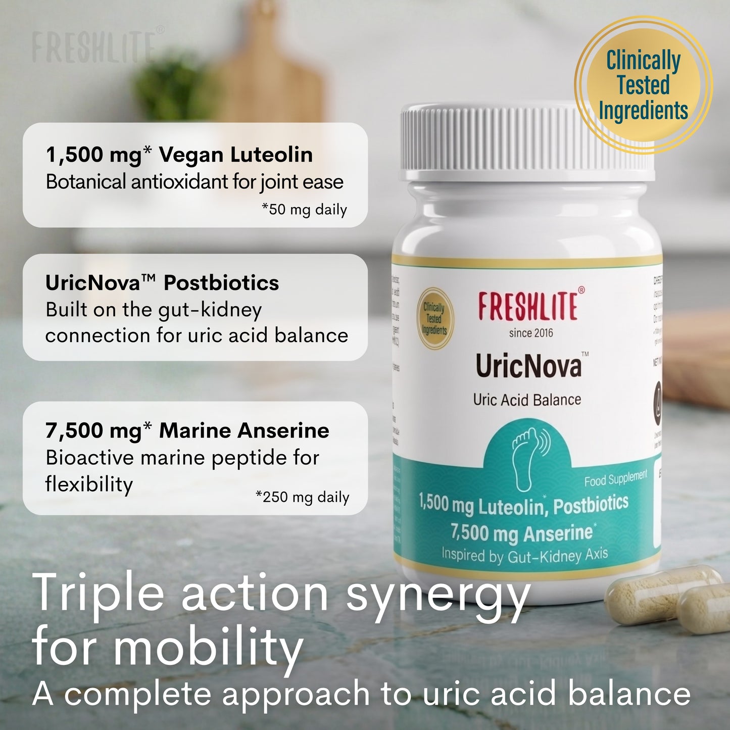 UricNova™ | 1,500mg Luteolin, Postbiotics & 7,500mg Anserine